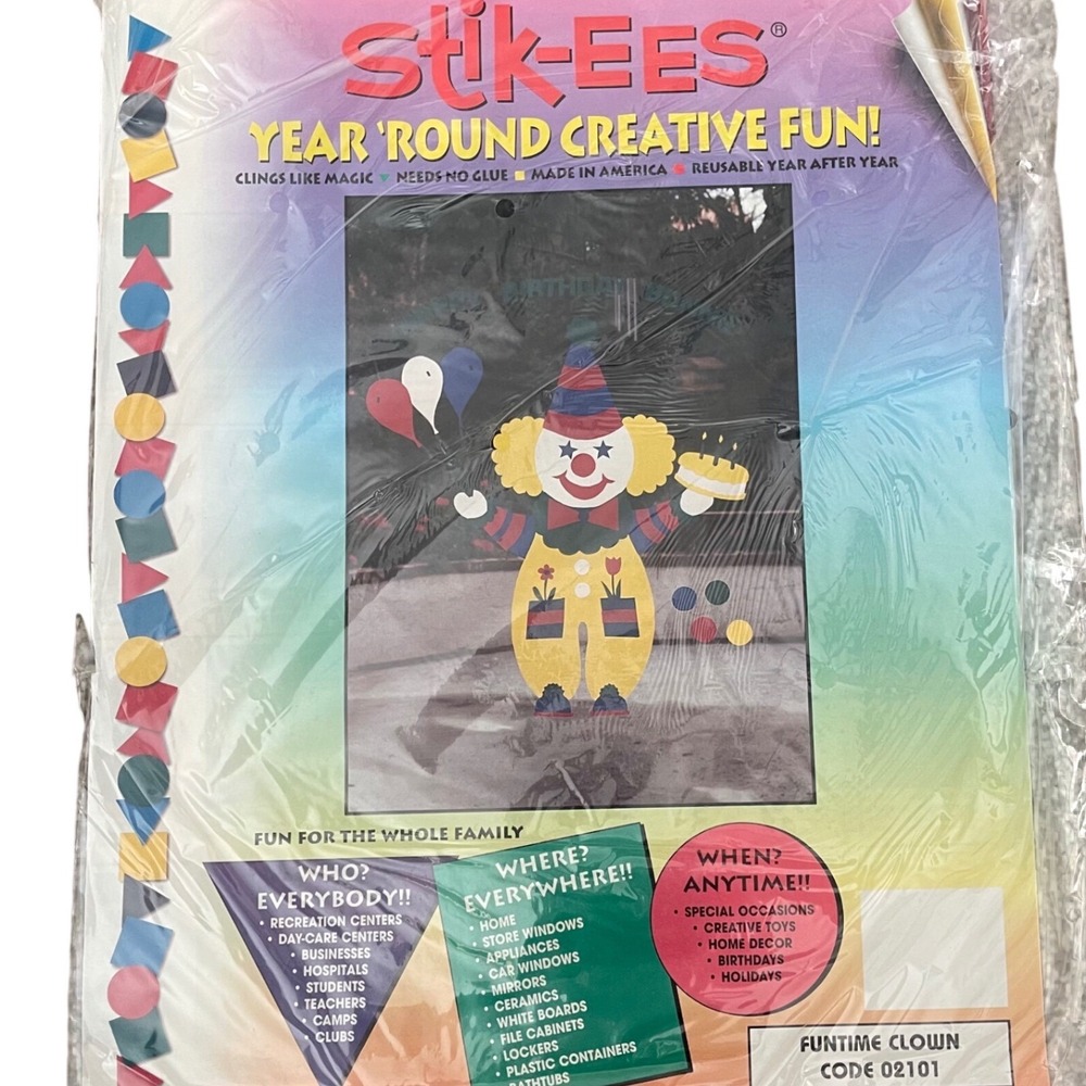 Vtg Stik-ees Window Clings‎ birthday 90s Teacher School 2101 balloons cake clown